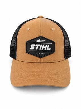 STIHL Trucker Hat Tan Black Mesh Snapback Chainsaw Patch Cap Workwear